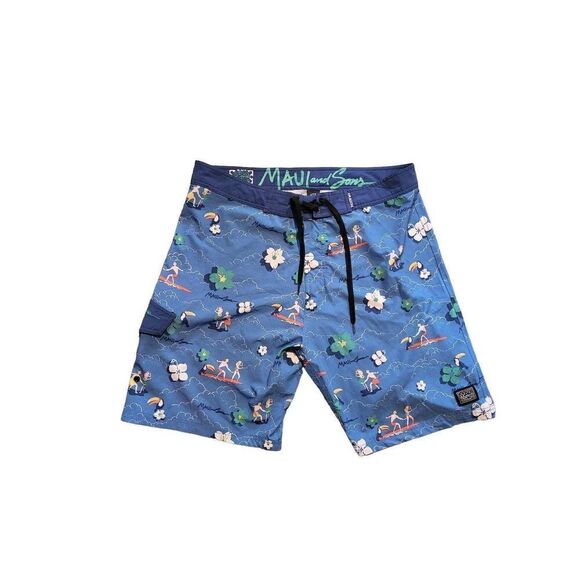 Maui And Sons Slyder Hawaiian Print Surfer Swim Trunks Blue Men's 38 - Picture 1 of 4